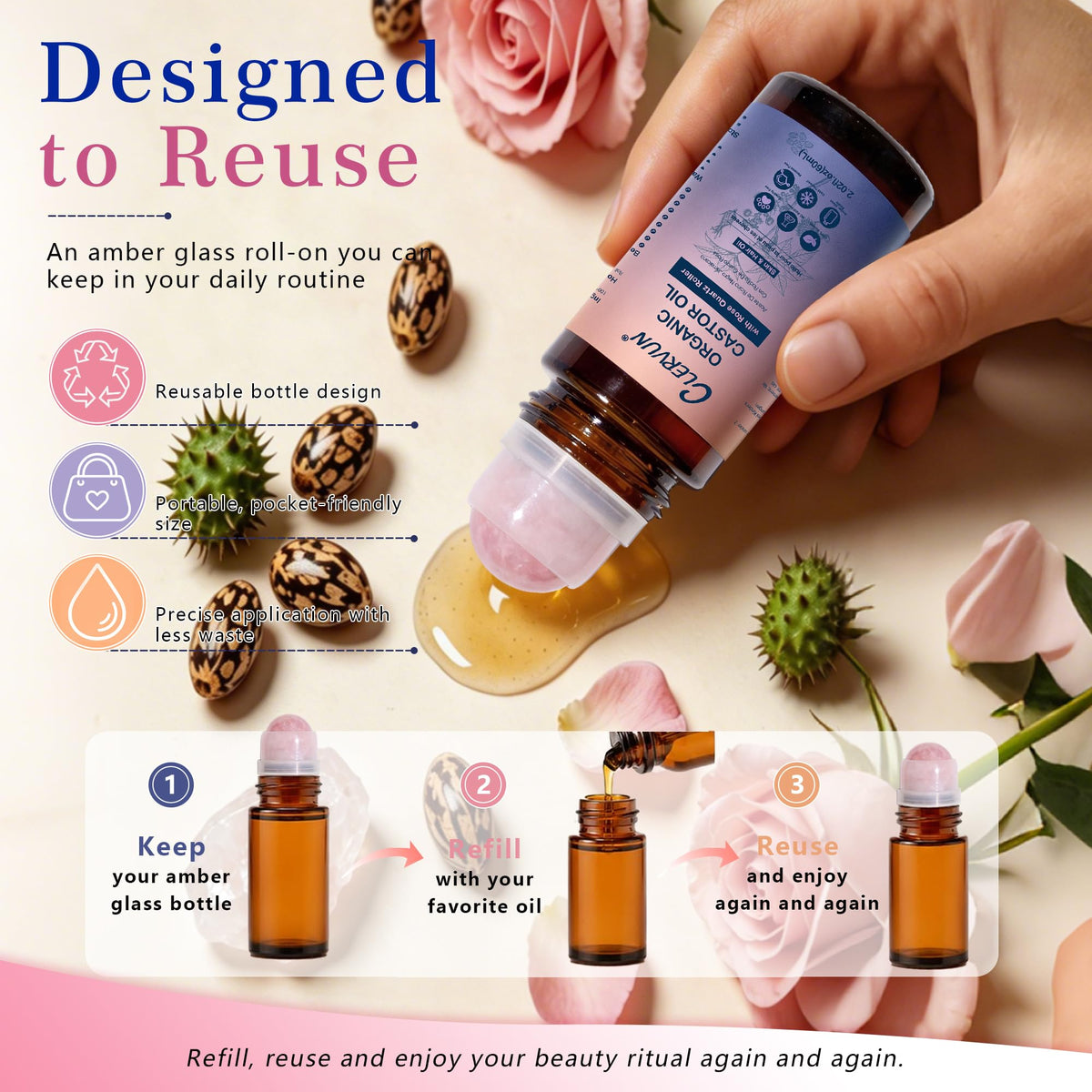 CLERVUN Organic Castor Oil Roll On with Rose Quartz Roller 2.02fl.oz CLERVUN