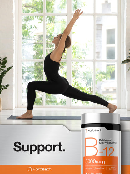 Horbäach B12 Vitamin 5000 mcg | 120 Fast Dissolve Tablets | Sublingual Methylcobalamin | Natural Berry Flavor | Vegan, Non-GMO Horbäach