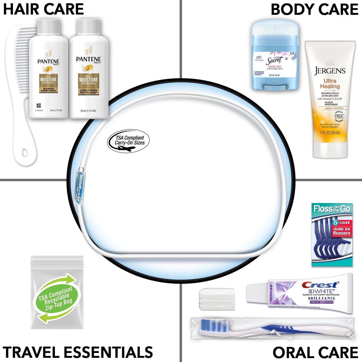 Convenience Kits International Women's Deluxe 10 Piece Kit with Travel Size TSA Compliant Essentials Featuring: Pantene Hair Products in Reusable Toiletry Zippered Bag Convenience Kits International