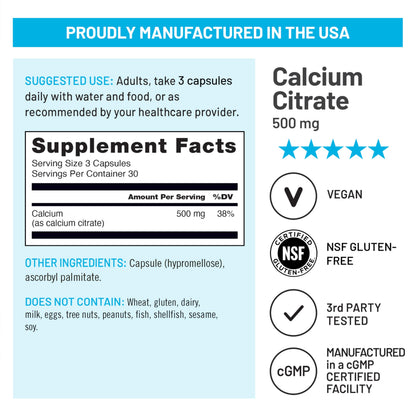 NatureWise Calcium Citrate 500mg Capsules - Supplement for Bone Health - Easy to Digest & Absorb - Vegan, Non-GMO NatureWise