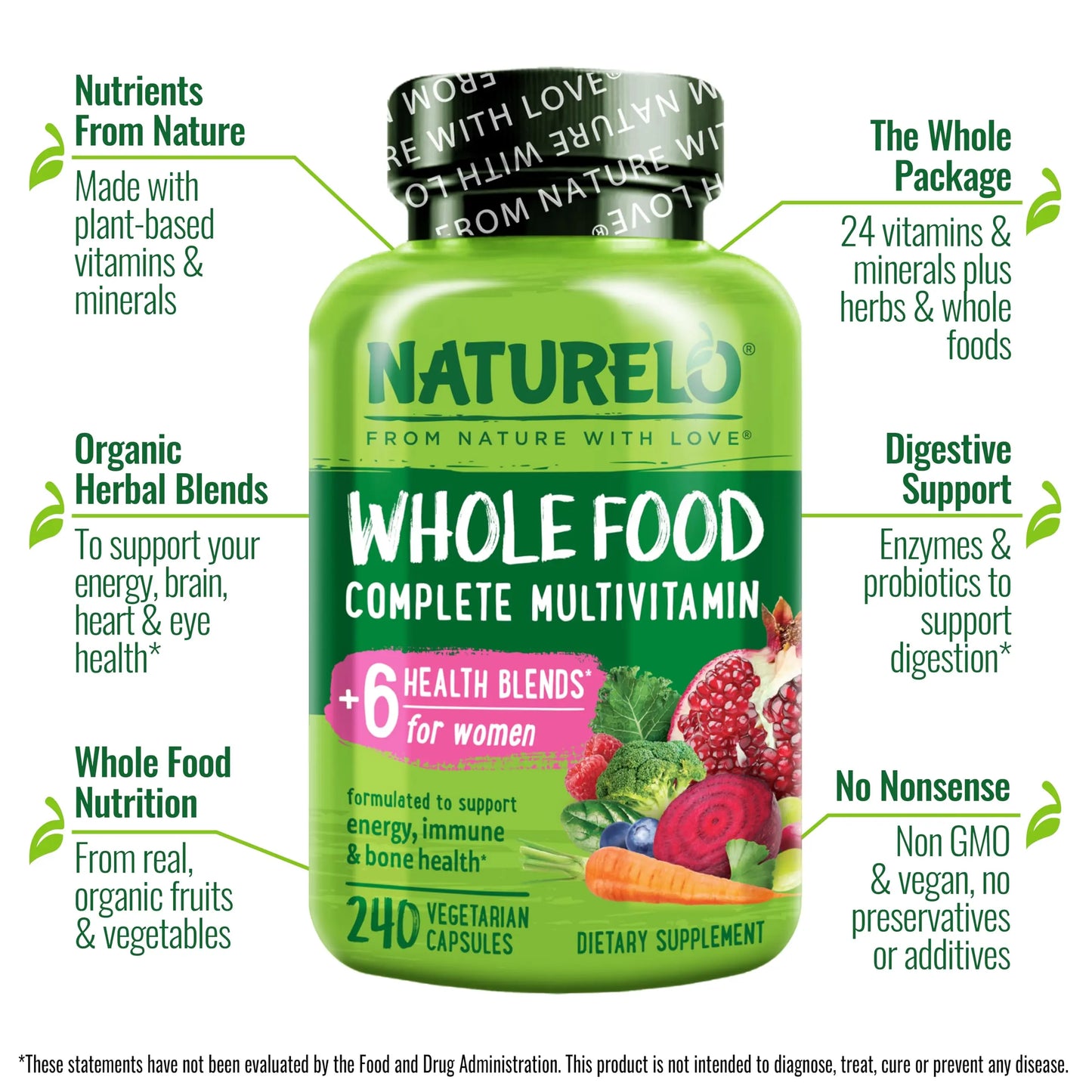NATURELO Whole Food Multivitamin for Women - with Vitamins, Minerals, & Organic Extracts - Supplement for Energy and Heart Health NATURELO