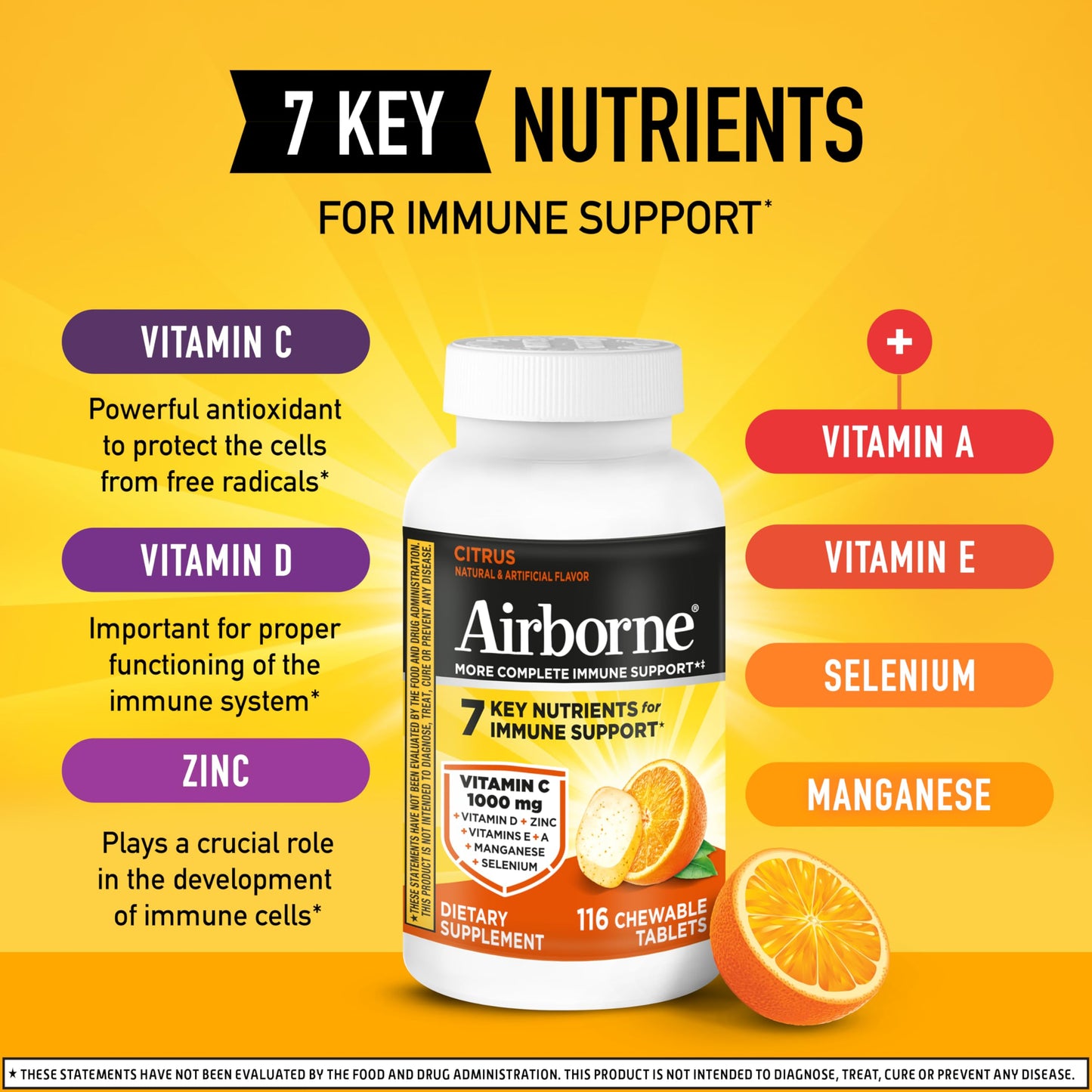 Airborne Vitamin C 1000mg (per Serving) - Citrus Chewable Tablets (116 Count in a Bottle), Gluten-Free Immune Support Supplement, with Vitamins A C E, Zinc, Selenium Airborne