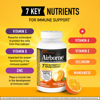 Airborne Vitamin C 1000mg (per Serving) - Citrus Chewable Tablets (116 Count in a Bottle), Gluten-Free Immune Support Supplement, with Vitamins A C E, Zinc, Selenium Airborne