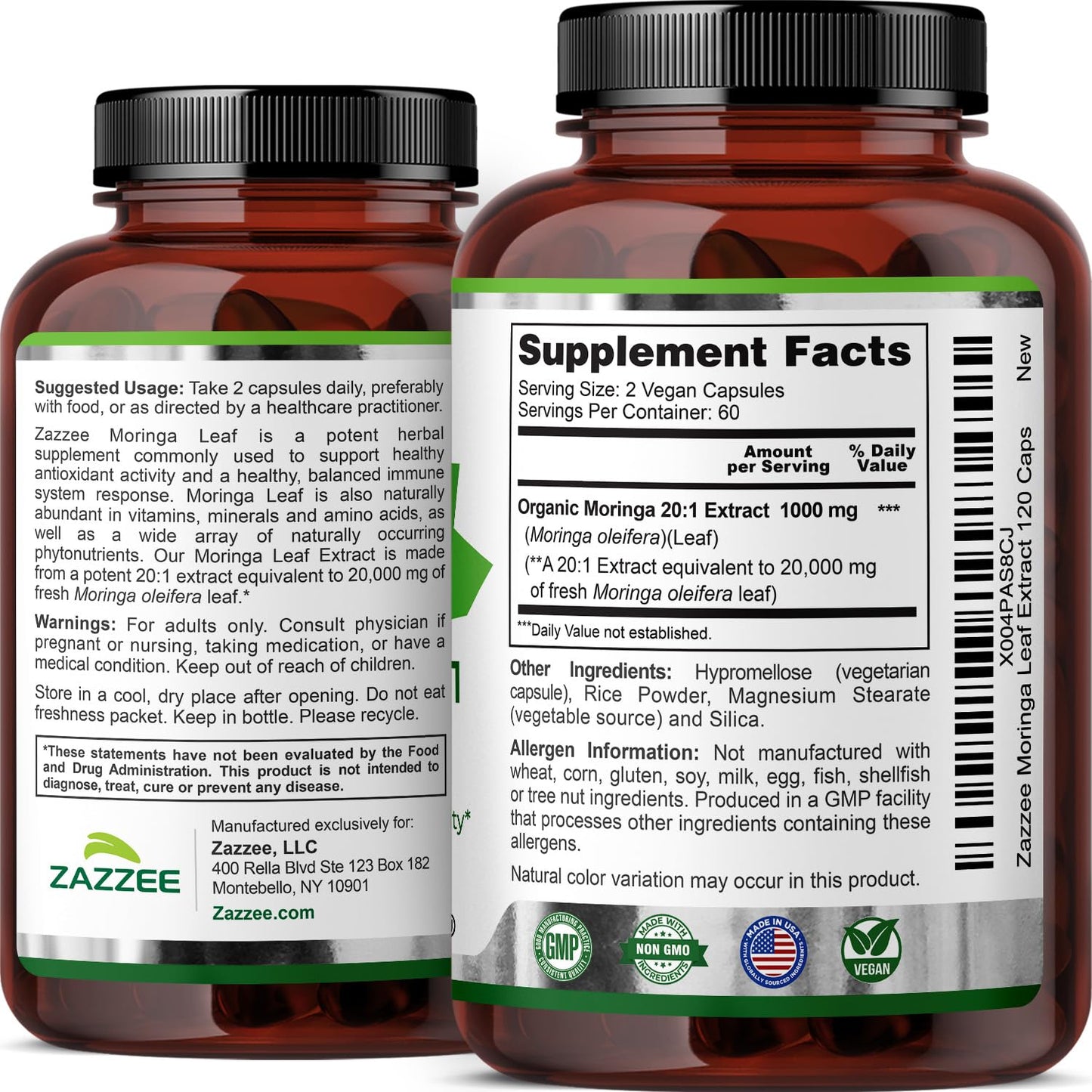 Zazzee USDA Organic Moringa Leaf 20:1 Extract, 180 Vegan Capsules | 3 Month Supply, Certified Kosher, Moringa Oleifera, Antioxidant, Immune & Cellular Support, Superfood Supplement, Made in USA Gsupps Australia