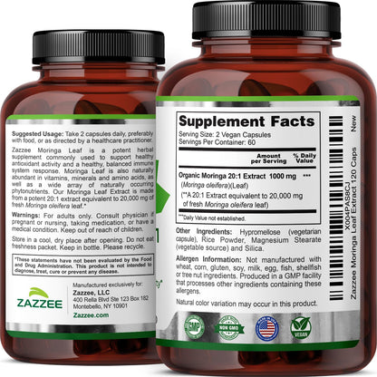 Zazzee USDA Organic Moringa Leaf 20:1 Extract, 180 Vegan Capsules | 3 Month Supply, Certified Kosher, Moringa Oleifera, Antioxidant, Immune & Cellular Support, Superfood Supplement, Made in USA Gsupps Australia