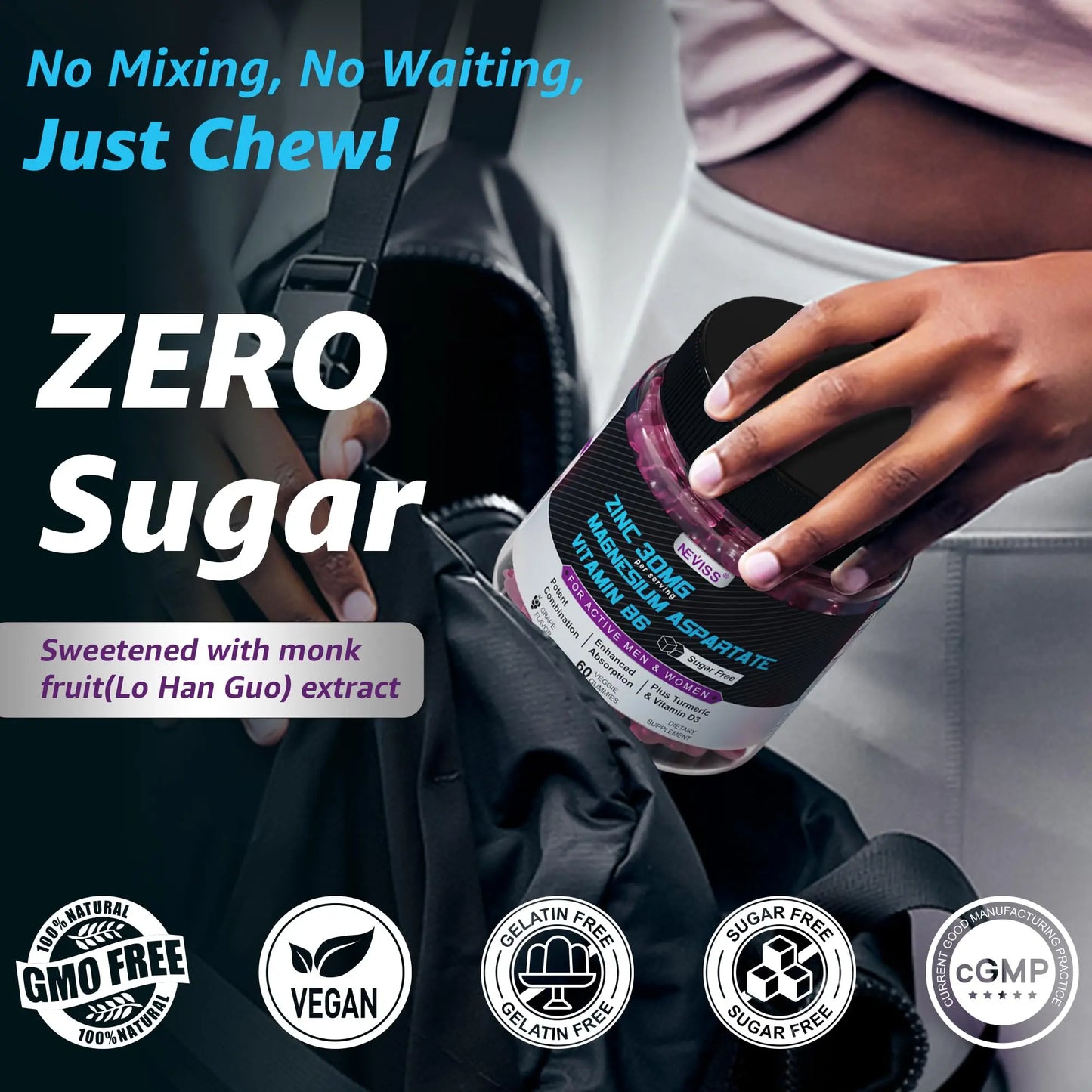 Zinc and Magnesium Supplement, Zinc Magnesium Aspartate Post Workout Gummies for Men Women, with Vitamin B6, B12, D3, Turmeric for Nighttime Recovery, Reduce Fatigue NEVISS