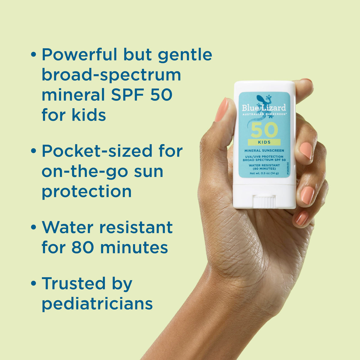 Blue Lizard Kids Mineral SPF 50 Sunscreen Stick, Zinc Oxide, 100% Mineral Actives, Developed for Kids’ Sensitive Skin, TSA-Friendly, Vegan, Paraben-free, Fragrance-Free, 0.5 oz BLUE LIZARD