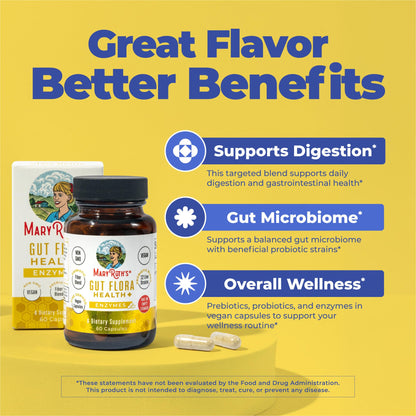 MaryRuth’s Gut Flora Health+ Enzymes | Prebiotic & Probiotic Digestive Enzymes for Healthy Gut Biome & Digestive Support | Gastrointestinal Health | CLP Certified MARYRUTH'S