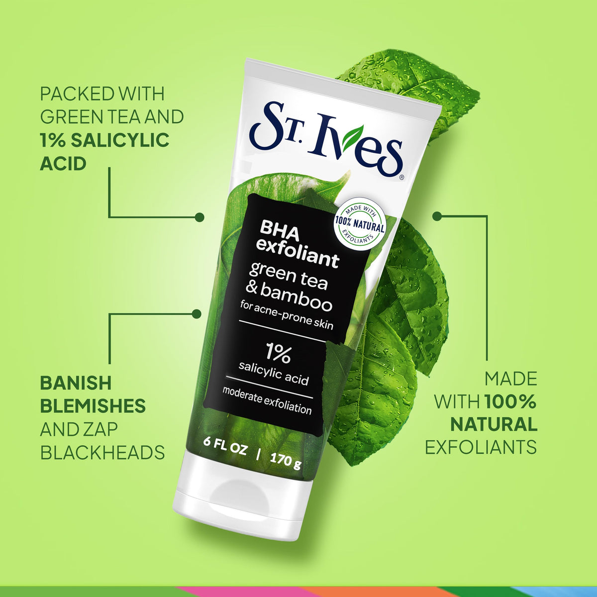 St. Ives Blackhead Clearing Face Scrub, Clears Blackheads & Unclogs Pores, Green Tea & Bamboo, Salicylic Acid Acne Treatment Facial Scrub, Moderate Exfoliator Skin Care with Natural Exfoliants 6 oz St. Ives