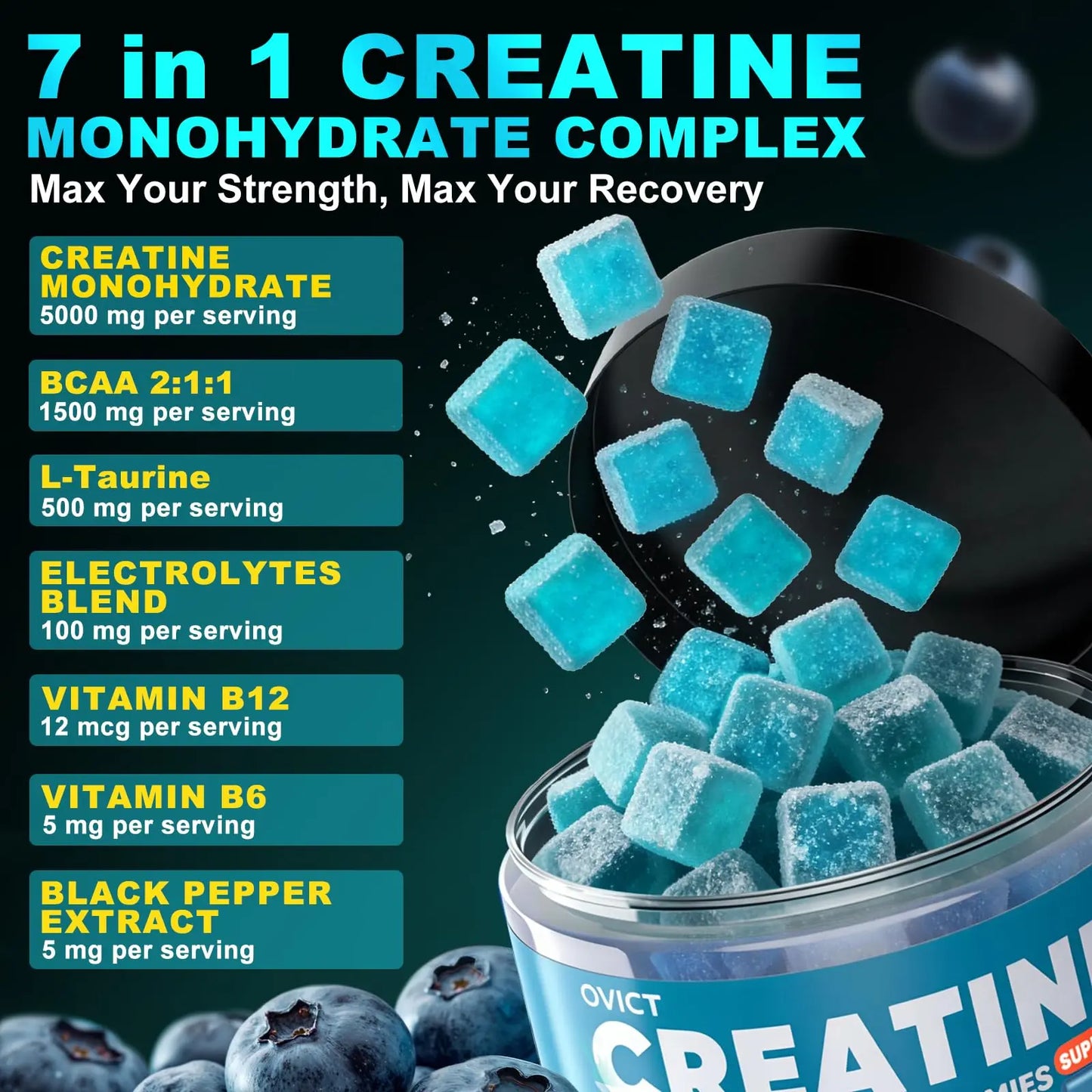 99.99% Creatine Monohydrate Gummies for Men Women 5g, 7-in-1 Pre-Workout Complex with BCAA, Taurine, B12/6 & Electrolytes, 6X Boost Energy, Muscle Strength & Recovery OVICT