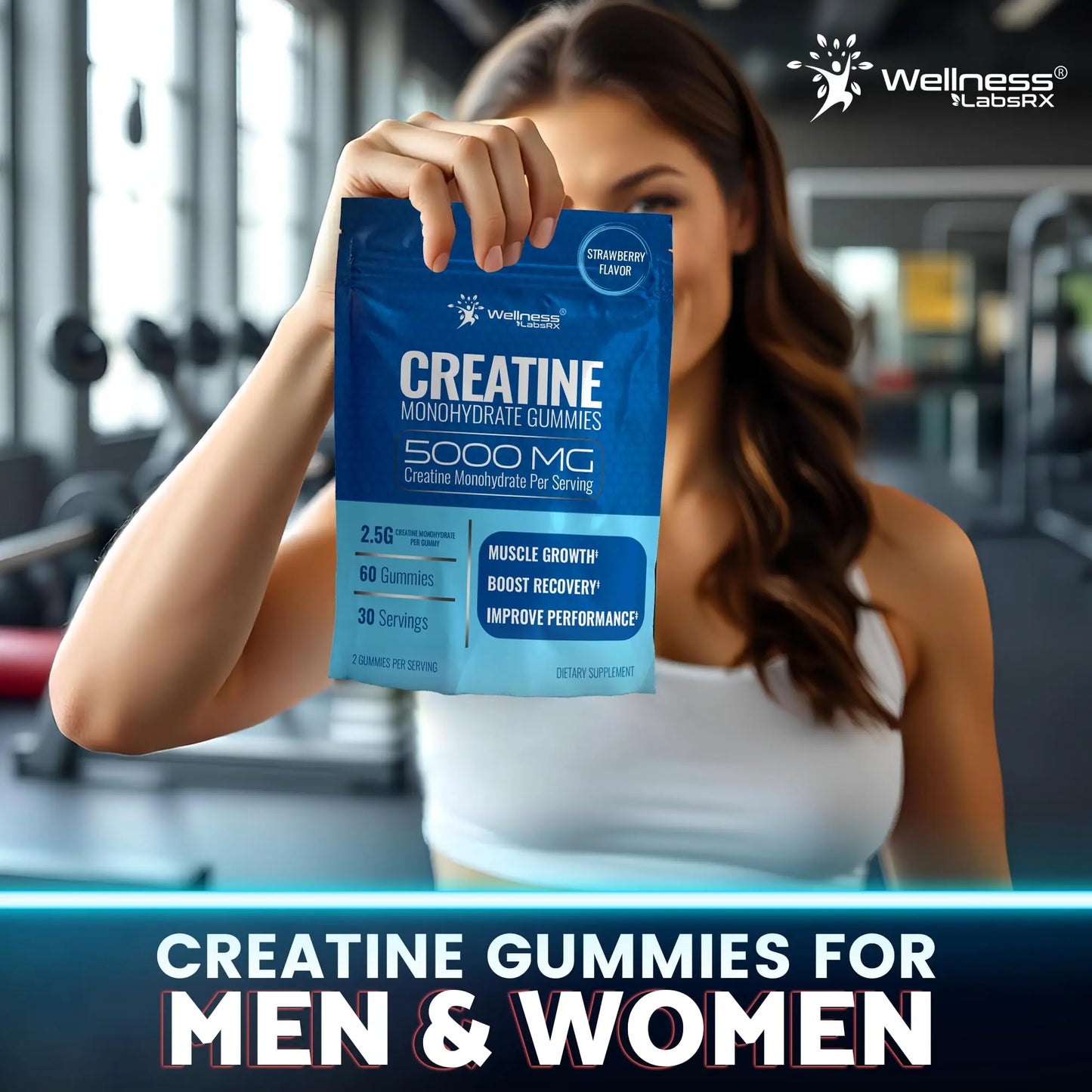 Creatine Gummies 5000mg, 30 Servings Creatine Monohydrate Gummies - Third-Party Tested Creatine for Women, Strawberry Flavor Creatine for Men, Muscle Growth, WELLNESS LABSRX