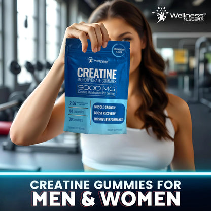 Creatine Gummies 5000mg, 30 Servings Creatine Monohydrate Gummies - Third-Party Tested Creatine for Women, Strawberry Flavor Creatine for Men, Muscle Growth, WELLNESS LABSRX