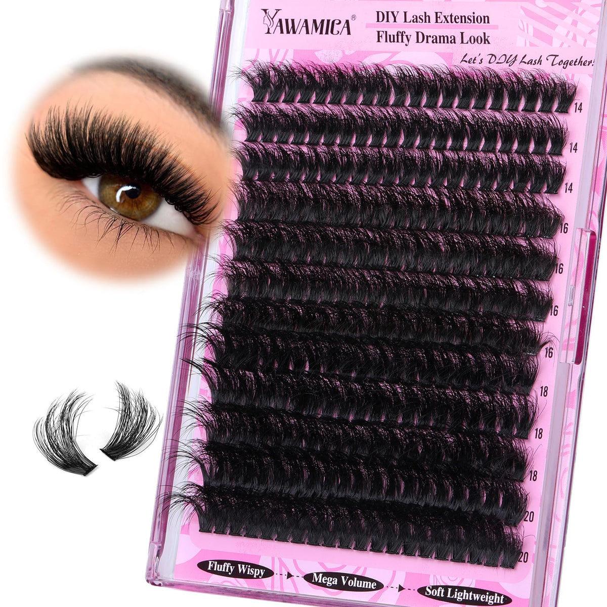 Yawamica Fluffy Lash Clusters Thick 200D Volume Eyelash Clusters 14-20mm Wispy Individual Lashes D Curly Cluster Eyelash Extensions 240pcs DIY Lash Extension for Beginners Yawamica