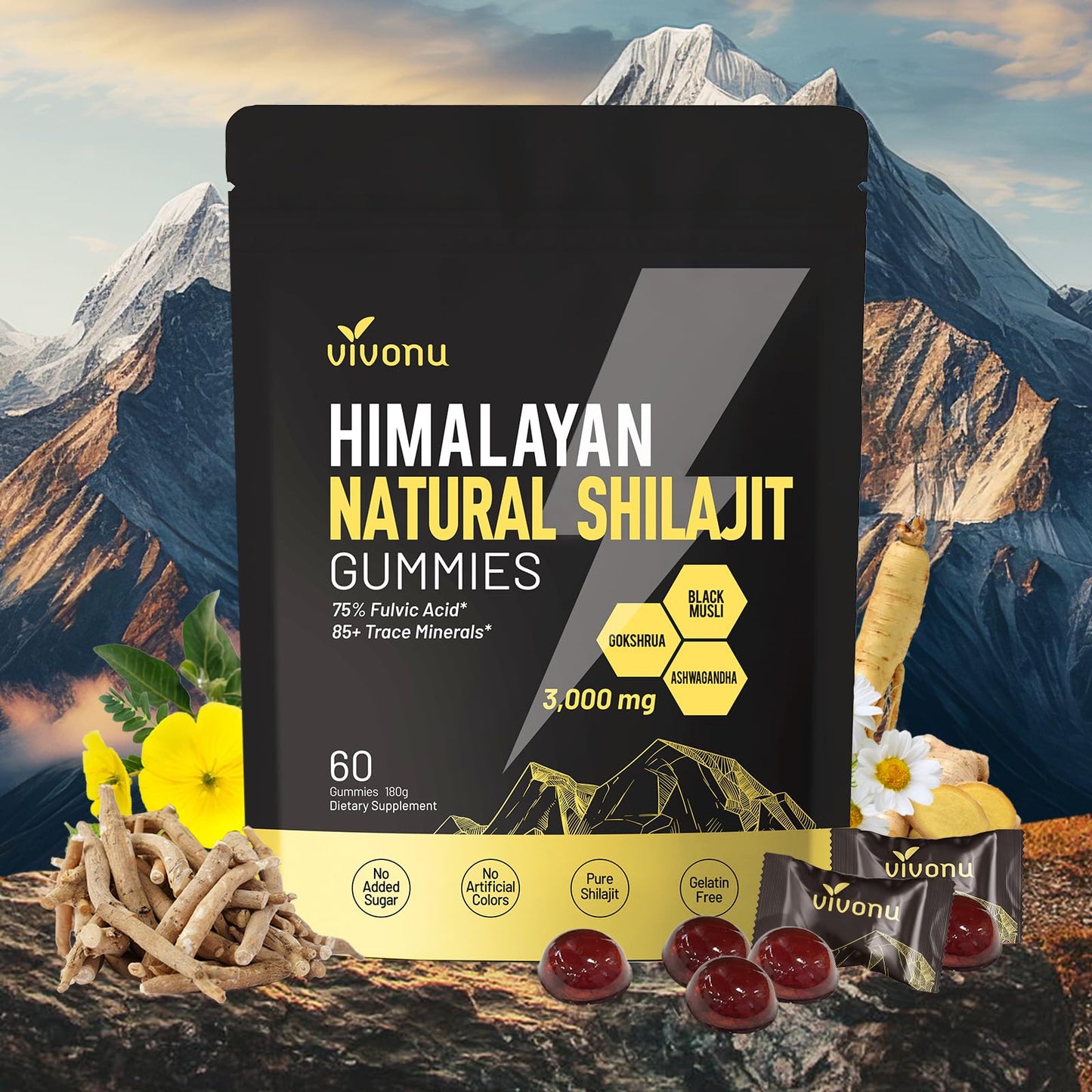 Himalayan9 Shilajit Gummies with Ashwagandha & Gokshura | 85+ Trace Minerals & Fulvic Acid | Organic, Non-GMO Micronutrient Supplement VivoNu