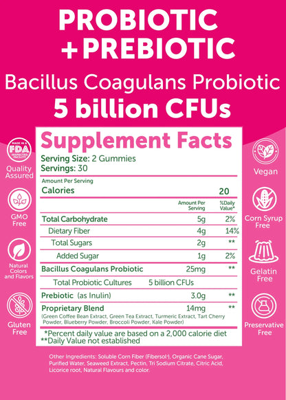 Lunakai USA Made Prebiotic + Probiotic Gummies for Women and Men - High Potency 5 Billion CFUs with Fibers Lunakai