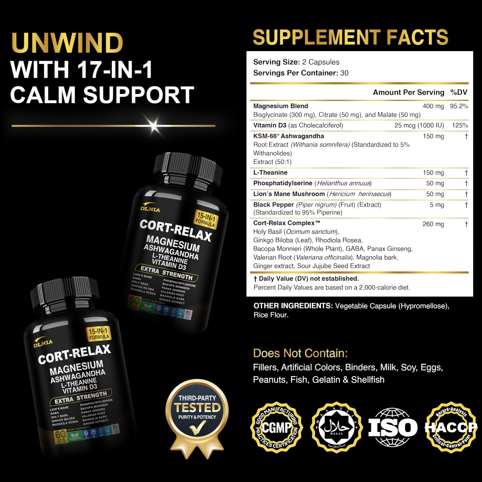 DLNIA Super Calm Cortisol Supplement with Magnesium Glycinate, Ashwagandha KSM-66, L-Theanine, Phosphatidylserine, Ginkgo Biloba & Lions Mane for Calm, Focus, Mental Clarity, Relaxation, Sleep, Energy DLNIA buy australia supplements