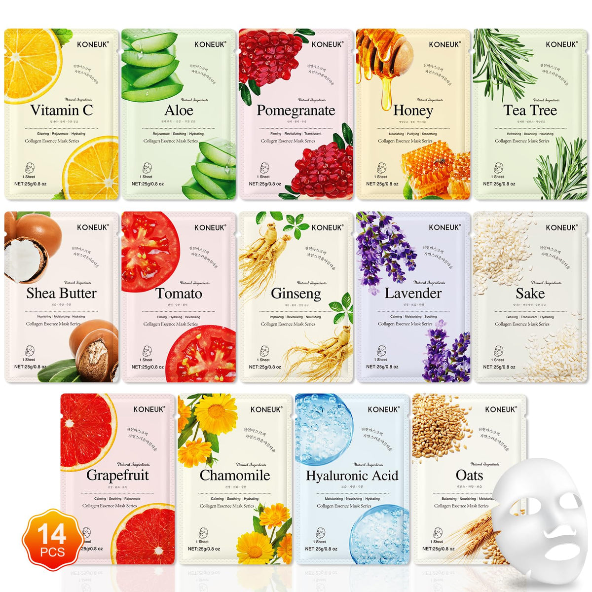 KONEUK 14 Pack Sheet Face Masks Skincare, Hydrating Face Masks for Dry Skin KONEUK