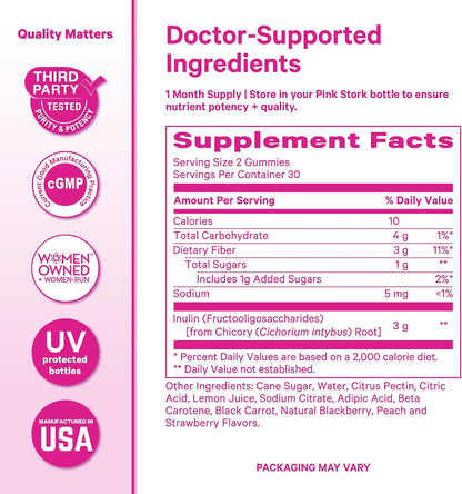 Pink Stork Prenatal Fiber Gummies for Women, 60 Vegan Chews | 3g Prebiotic Inulin from Chicory Root, Natural Pregnancy & Postpartum, Eases Occasional Constipation