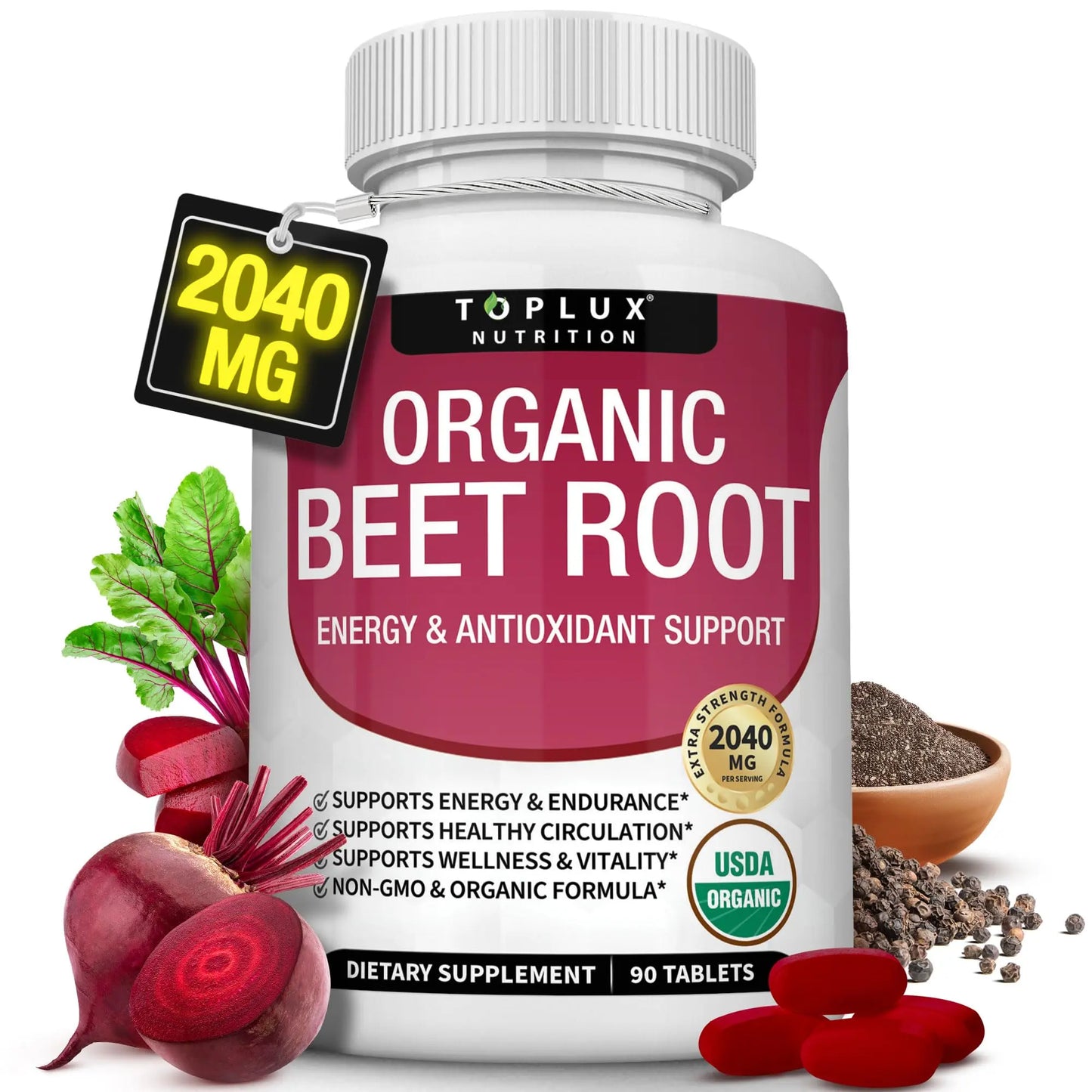 Toplux Organic Beet Root Powder Tablets - 2040mg Natural Nitric Oxide Beets to Support, Energy, Black Pepper Better Absorption, Non-GMO, for Men Women, 90 Tablets Toplux
