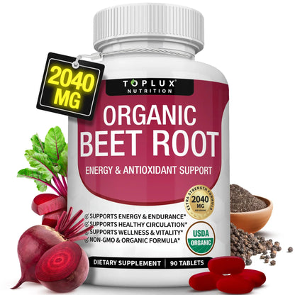 Toplux Organic Beet Root Powder Tablets - 2040mg Natural Nitric Oxide Beets to Support, Energy, Black Pepper Better Absorption, Non-GMO, for Men Women, 90 Tablets Toplux