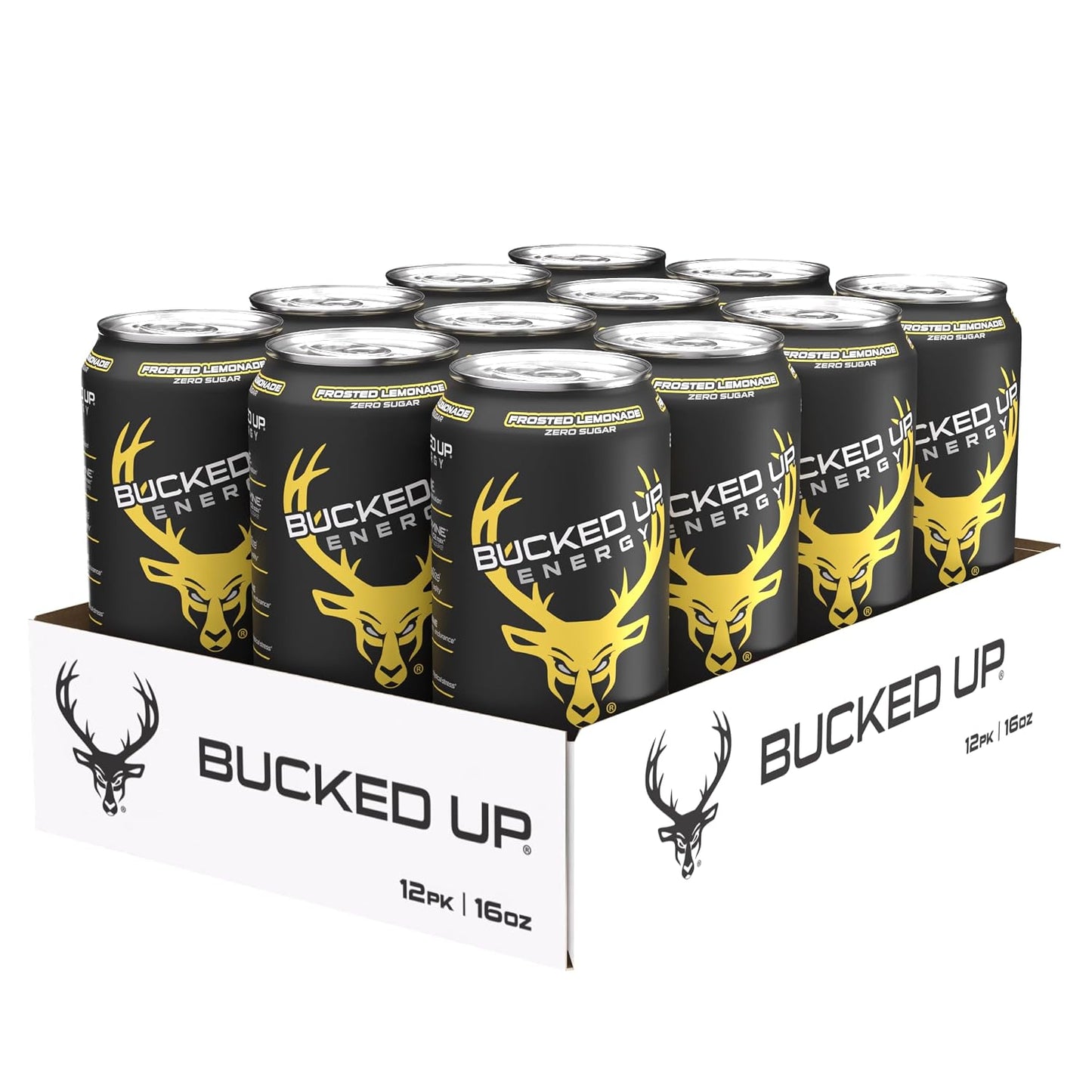 Bucked Up Energy Zero Sugar | 300mg Caffeine Energy Drink with AlphaSize TeaCrine Dynamine and Huperzine A | Zero Sugar Performance Beverage, 12 Pack, 16 fl oz Cans (Frosted Lemonade)
