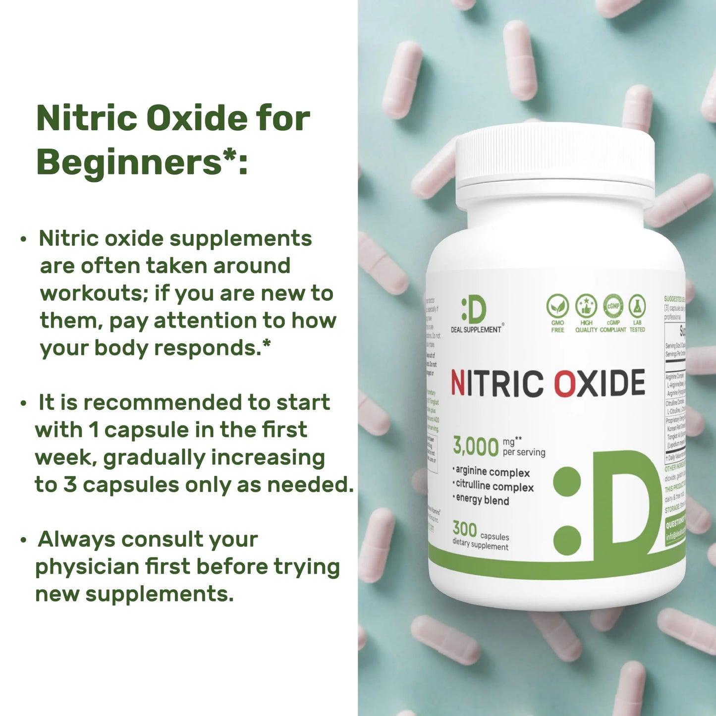 Nitric Oxide Supplement 3,000mg, 300 Capsules | 12-in-1 Complex for Men & Women – Arginine, Citrulline, Korean Red Ginseng, DEAL SUPPLEMENT