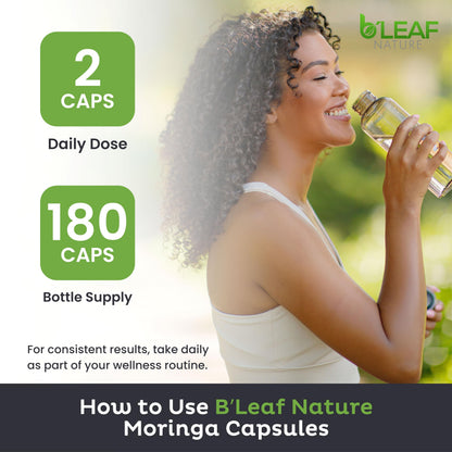 B'Leaf Nature Moringa Capsules Organic 1000mg — Pure Moringa Oleifera Leaf Powder Capsules for Energy & Immune Support B'LEAF NATURE