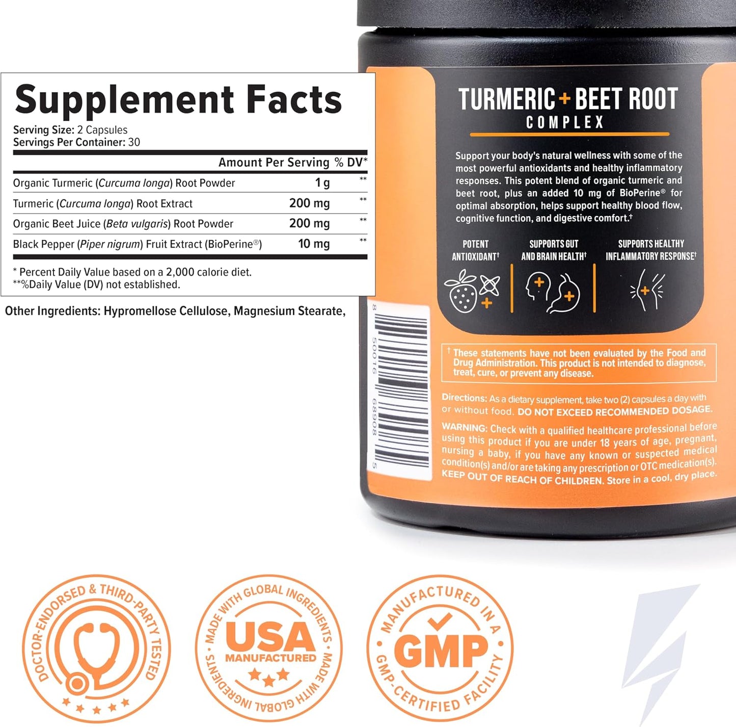 Inno Turmeric + Beet Root - Curcumin Turmeric Powder with Black Pepper & Beet Root Supplement - Supports Digestive Health, Circulation, Bone & Brain Health, Energy and Daily Wellness (60 Capsules)
