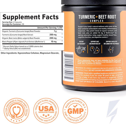 Inno Turmeric + Beet Root - Curcumin Turmeric Powder with Black Pepper & Beet Root Supplement - Supports Digestive Health, Circulation, Bone & Brain Health, Energy and Daily Wellness (60 Capsules)