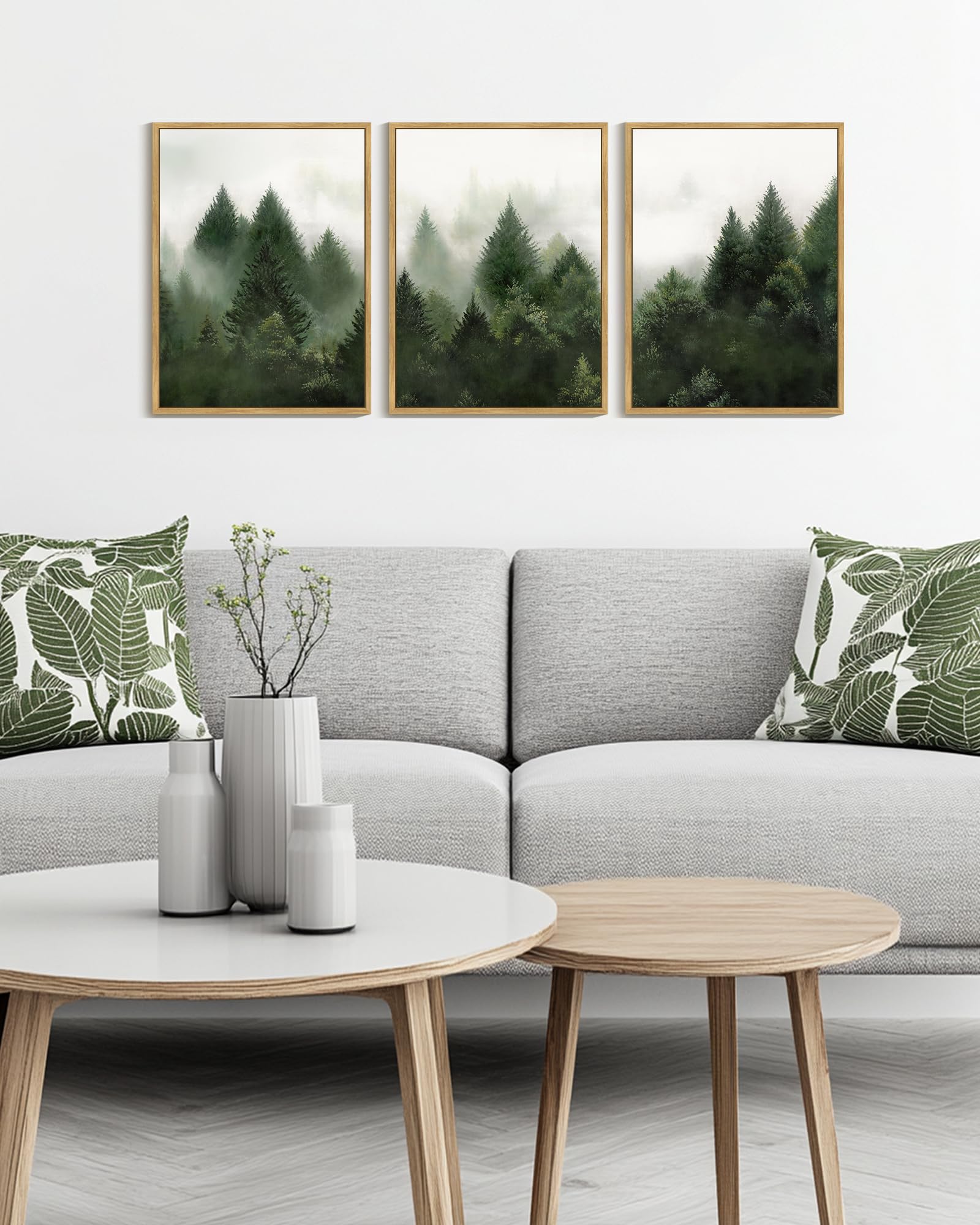 KUVIOKE Morden Green Fog Pine Tree Framed Canvas Wall Art Nature Nordic Forests Artwork Painting Bedroom Decor 12x16in (Natural Framed) KUVIOKE buy australia supplements