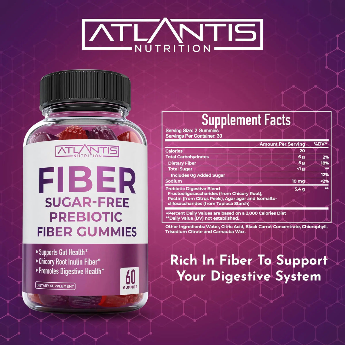 Atlantis Nutrition Sugar Free Fiber Gummies for Adults - 5G Fiber Supplement Formulated with 5.4G Prebiotic Digestive Blend/Serving - Supports Gut Health & Healthy Digestion Atlantis Nutrition