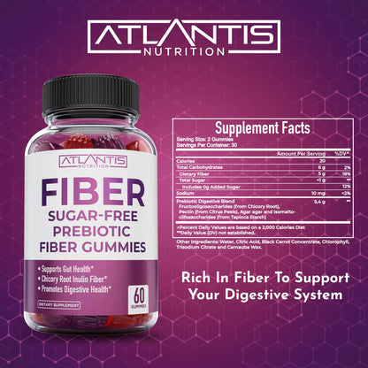 Atlantis Nutrition Sugar Free Fiber Gummies for Adults - 5G Fiber Supplement Formulated with 5.4G Prebiotic Digestive Blend/Serving - Supports Gut Health & Healthy Digestion Atlantis Nutrition