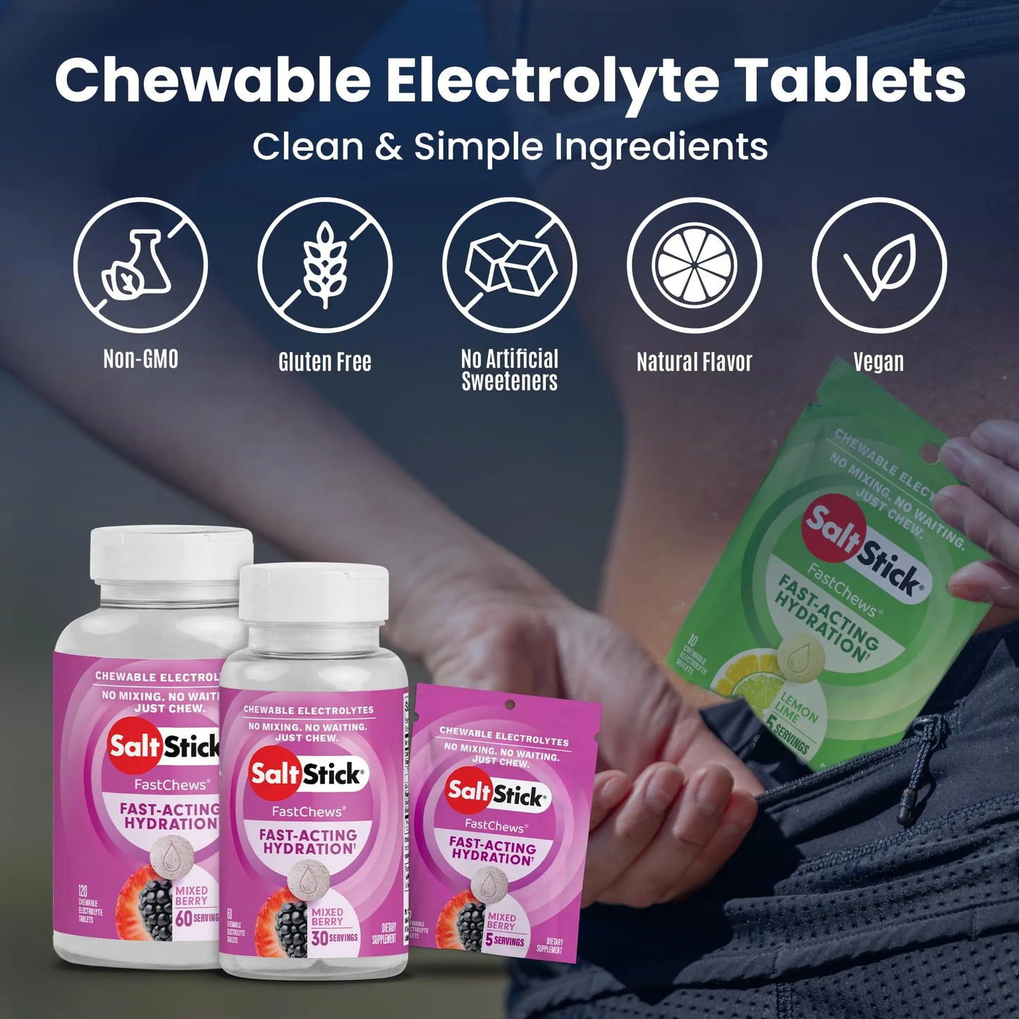 SaltStick Electrolyte FastChews - 60 Mixed Berry Chewable Tablets - Salt Tablets for Running and Hydration, Electrolyte Chews - 60 Count Bottle SaltStick