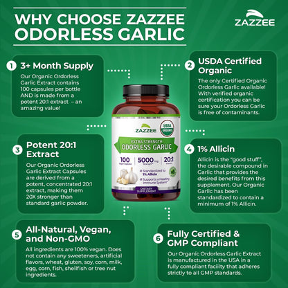 Zazzee USDA Organic Odorless Garlic 20:1 Extract, 1% Allicin, 100 Capsules | Vegan, 3+ Month Supply, Allium Sativum, Immune, Circulation & Heart Health Support, All-Natural, Non-GMO, Made in the USA Gsupps Australia