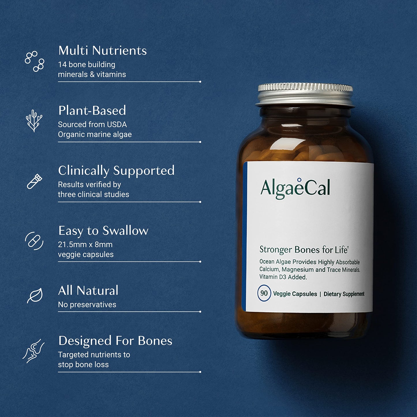 ALGAECAL - Plant Based Calcium Supplement for Women & Men - Organic Calcium 750mg with Vitamin D3 1000 IU, 13 Minerals for Bone Strength ALGAECAL