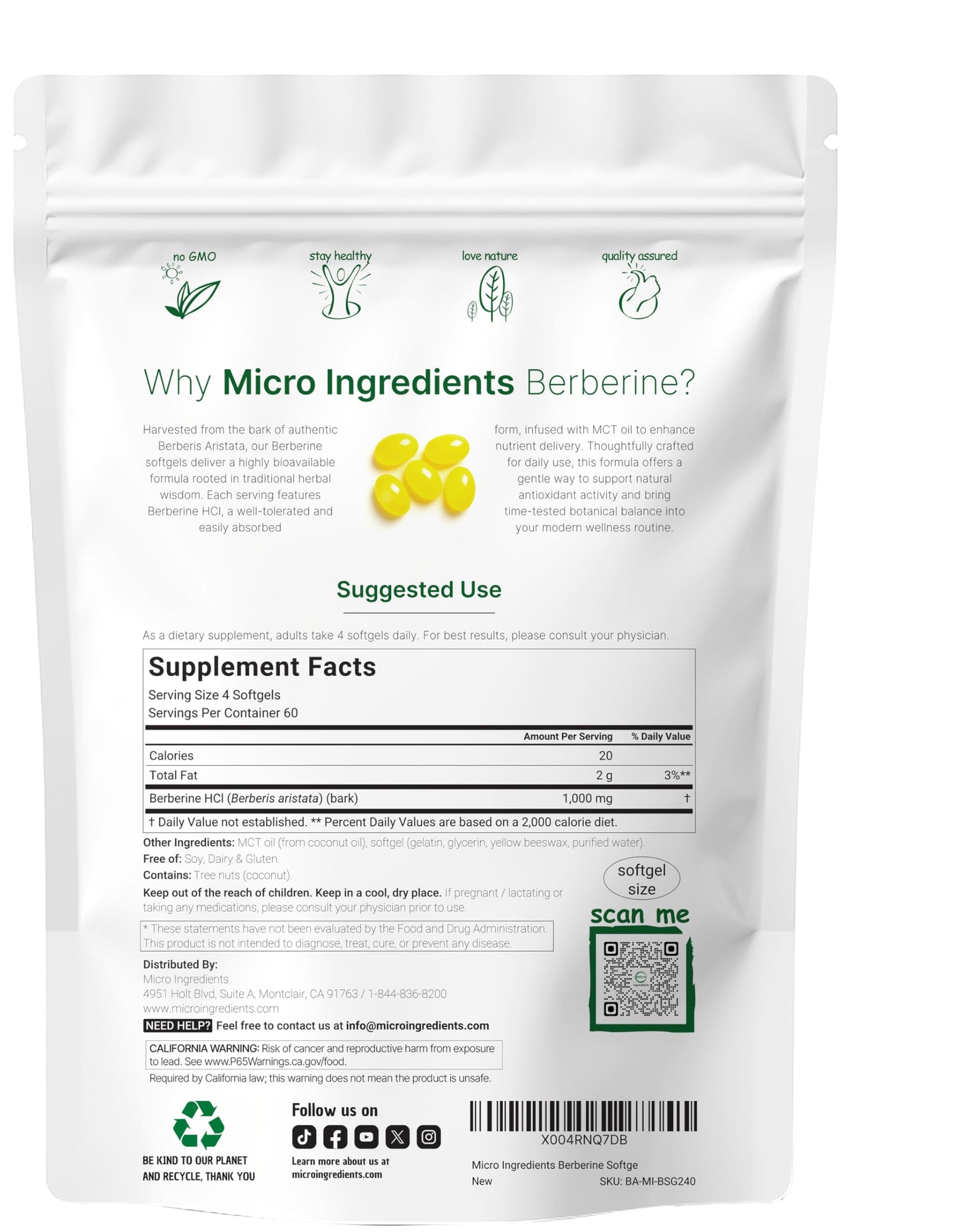 Micro Ingredients 1000mg with MCT Oil, 240 Softgels | Highly Bioavailable Formula with Berberine HCI from Aristata Micro Ingredients