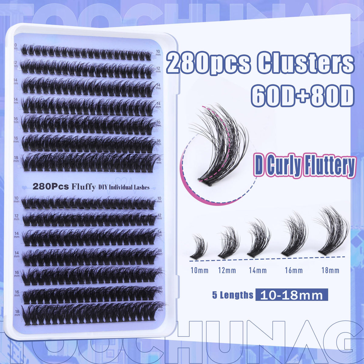 Fluff Lash Clusters 60D+80D Thick Eyelash Clusters D Curly Wispy Individual Lashes 10-18mm Cluster Eyelash Extensions 280pcs False Eyelashes DIY Flat Lash Extension by TOOCHUNAG TOOCHUNAG