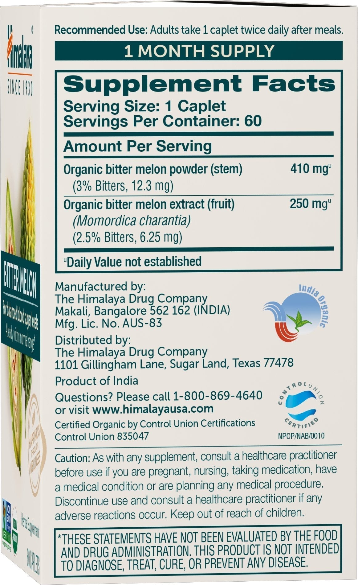 Himalaya Organic Bitter Melon - Herbal Glucose Metabolism Support - USDA Organic, Non-GMO, Vegan, Gluten Free Himalaya