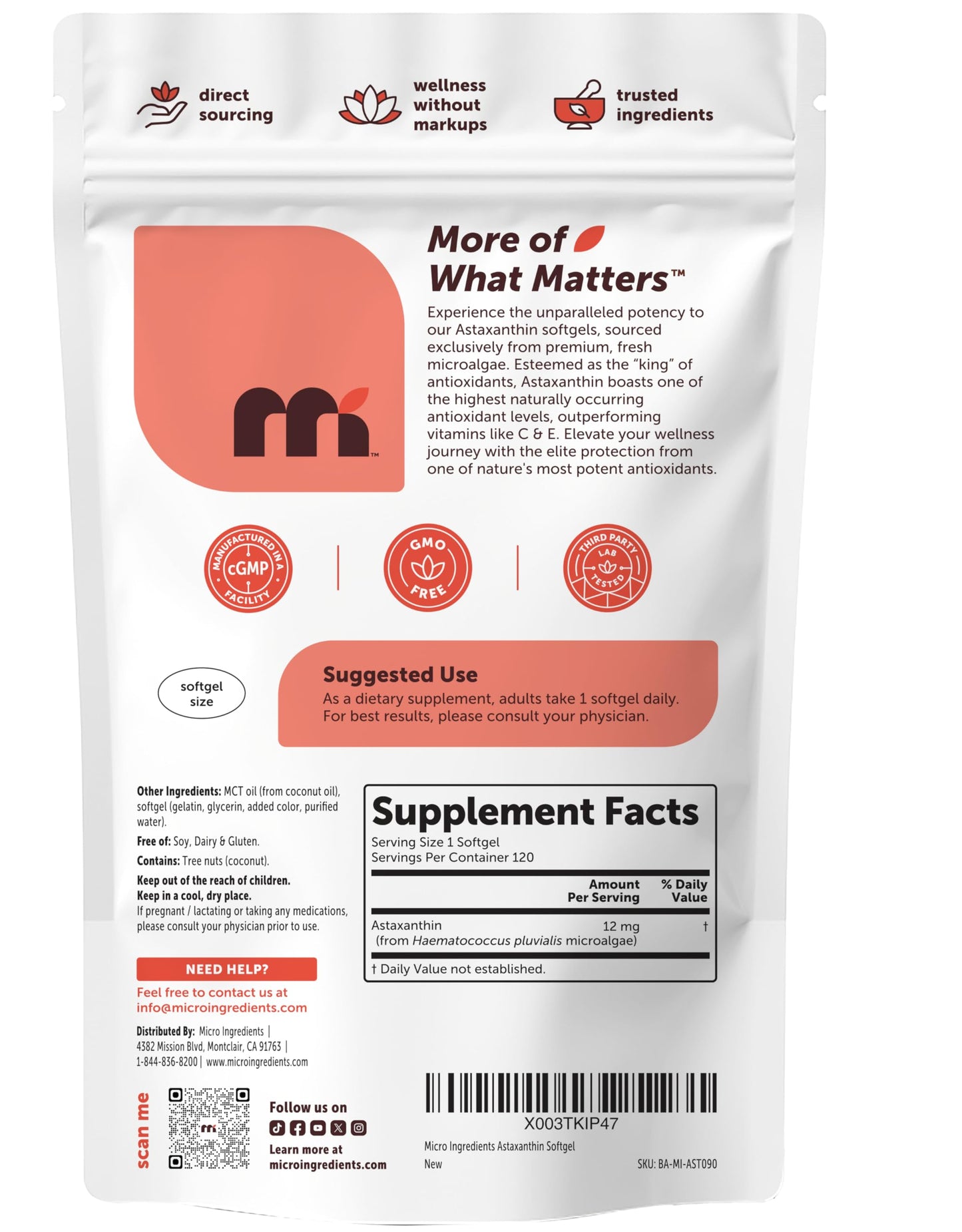Micro Ingredients Astaxanthin 12mg with MCT Oil, 120 Softgels, 4 Month Supply | Premium Astaxanthin Antioxidant Supplements* | Fresh Microalgae Source Micro Ingredients