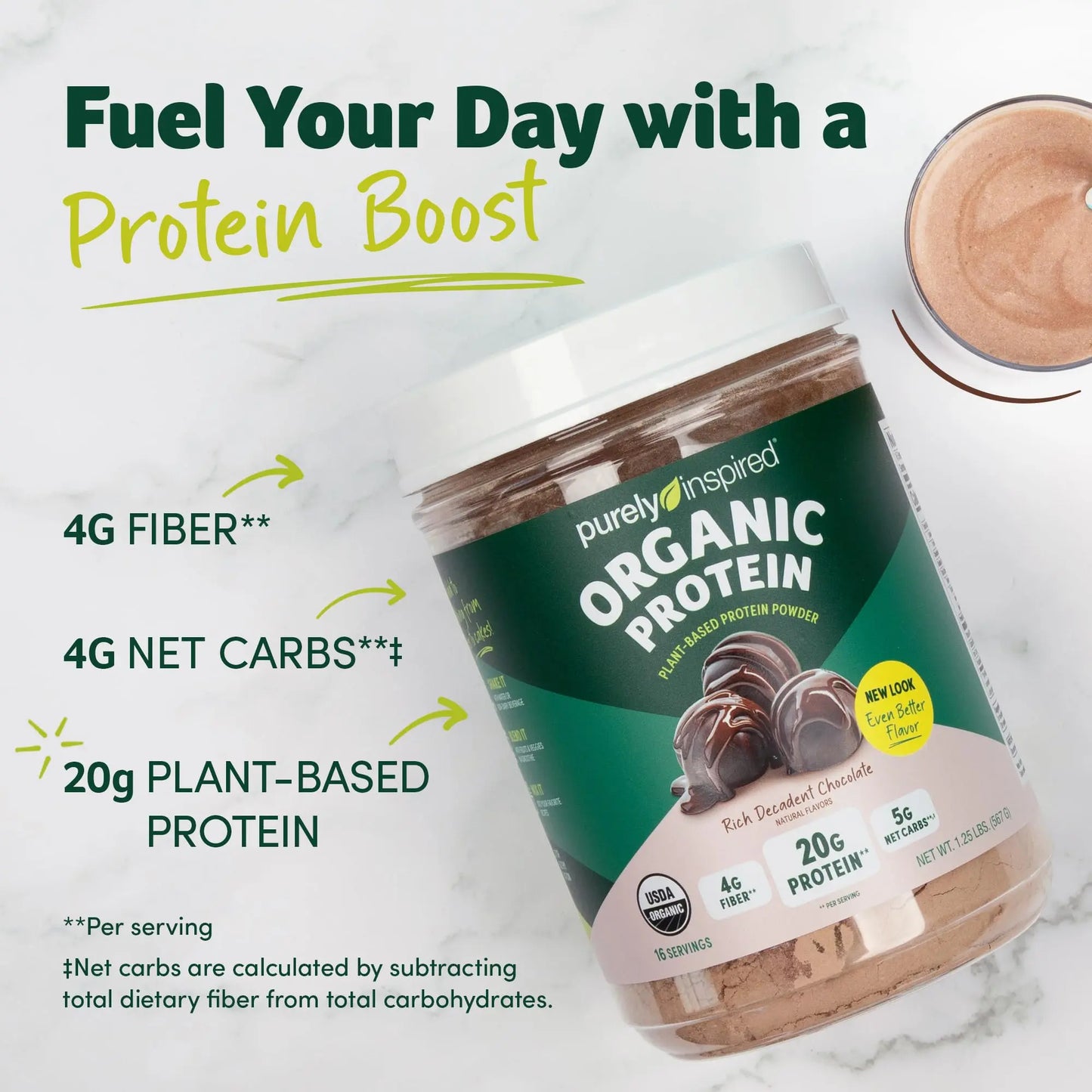 Purely Inspired Plant-Based Protein Powder for Men & Women, Rich Decadent Chocolate (16 Servings) - Vegan & Organic - 20g of Pea Protein Powder for Smoothies & Shakes Purely Inspired