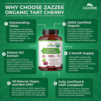 Zazzee USDA Organic Tart Cherry 10:1 Extract, 120 Capsules, 4 Month Supply | Vegan, Montmorency Cherry, Daily Wellness Antioxidant Support, Organic Herbal Supplement, All-Natural, Non-GMO, Made in USA Gsupps Australia