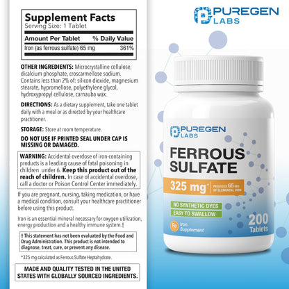Puregen Labs Ferrous Sulfate 325 mg (65 mg Elemental Iron) High Potency Iron Supplement | No Artificial Color Additives - 200 Tablets P Puregen Labs