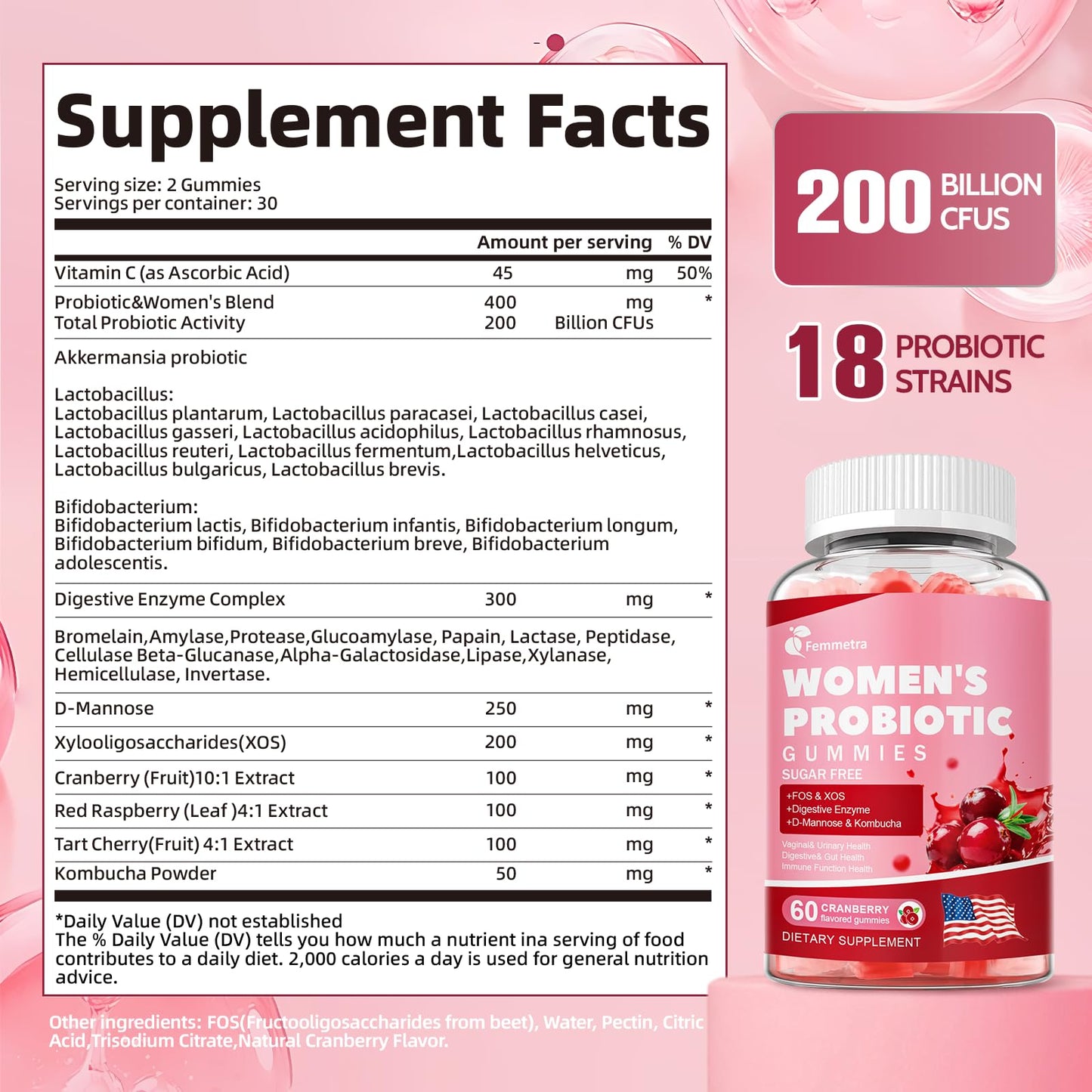 Femmetra 18-in-1 Probiotics for Women with Prebiotics - 200 Billion CFU with Digestive Enzyme, Cranberry, Kombucha - Sugar-Free Vaginal Gummies, Femmetra
