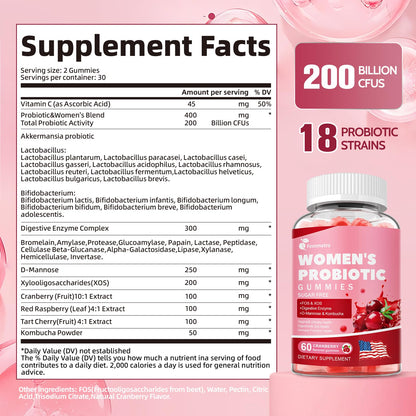 Femmetra 18-in-1 Probiotics for Women with Prebiotics - 200 Billion CFU with Digestive Enzyme, Cranberry, Kombucha - Sugar-Free Vaginal Gummies, Femmetra