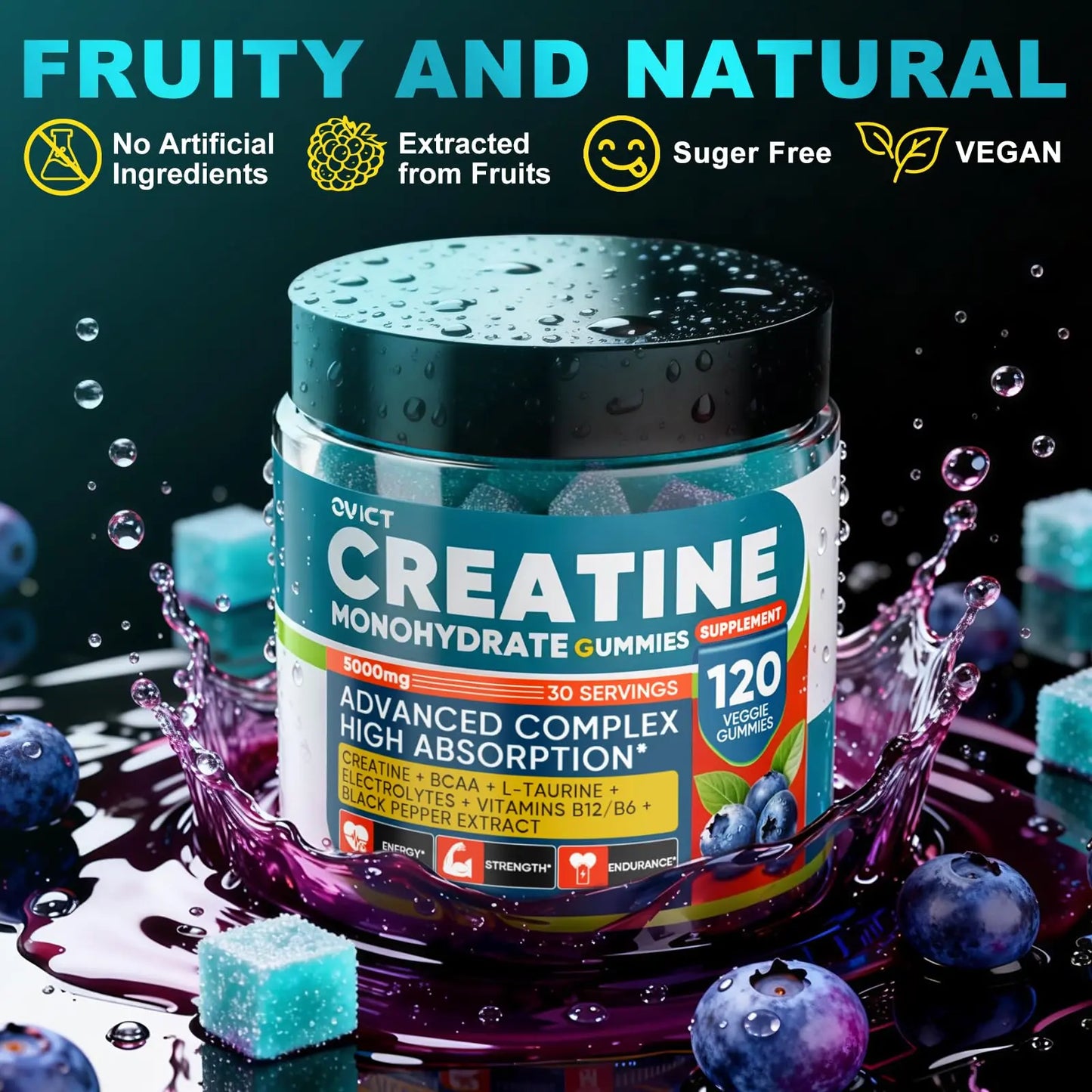 99.99% Creatine Monohydrate Gummies for Men Women 5g, 7-in-1 Pre-Workout Complex with BCAA, Taurine, B12/6 & Electrolytes, 6X Boost Energy, Muscle Strength & Recovery OVICT
