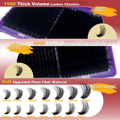 FUBBZRUI Fluffy Lash CLusters 12-25mm Long Cat Eye D Curl 280PCS Cluster Volume Eyelash Extensions 150D+200D Individual Lashes Thick DIY Lash Extesnion FUBBZRUI