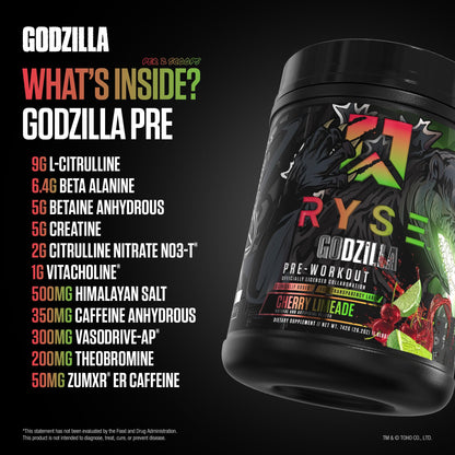 RYSE Godzilla X Noel Deyzel Pre Workout Powder - Monsterberry Lime - 400mg Caffeine, High Stim Pre-Workout for Men & Women with Citrulline & Beta Alanine - Energy, Pump & Focus - 20/40 Servings
