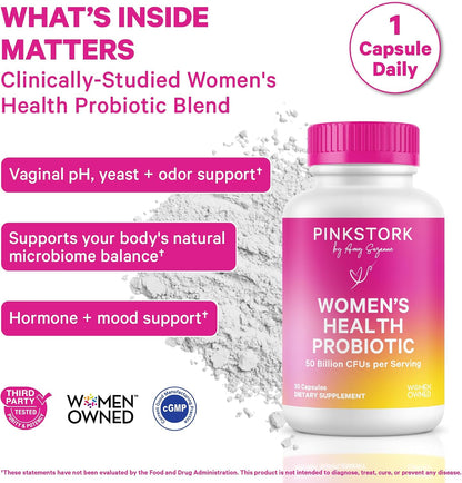 Pink Stork Women's Probiotic, 50 Billion CFU, 30 Count | Clinically Studied Strains, Vaginal, Gut, Urinary + Hormone Support, pH Balance, Yeast & Odor, Probiotic Prebiotic Blend