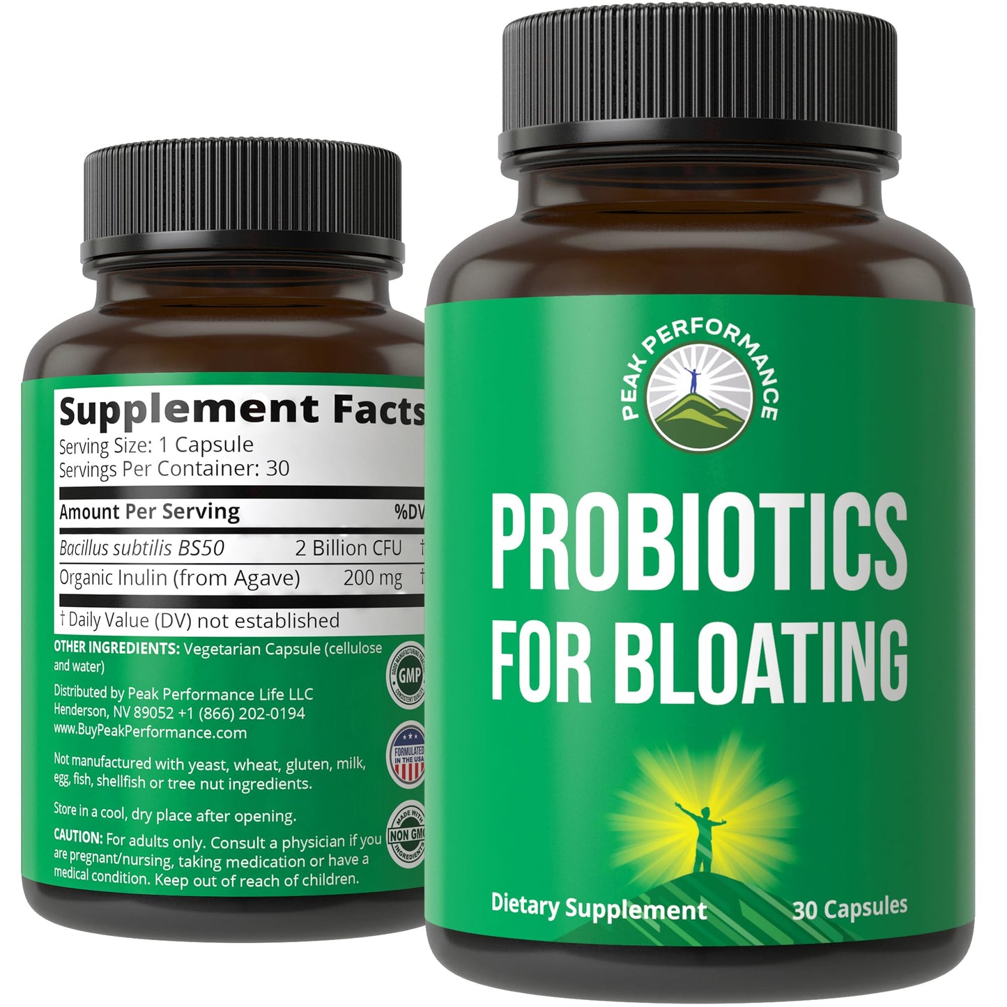 Bloat and Gas Probiotic - Proven Relief with Clinically Studied Bacillus Subtilis BS50 + Prebiotic Fiber - Fast Acting Anti Bloating Pills Supplement Peak Performance