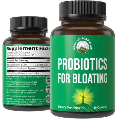 Bloat and Gas Probiotic - Proven Relief with Clinically Studied Bacillus Subtilis BS50 + Prebiotic Fiber - Fast Acting Anti Bloating Pills Supplement Peak Performance